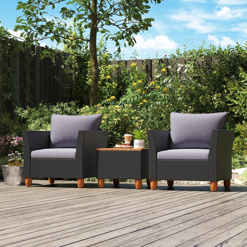 COSTWAY 3 Pieces Patio Rattan Furniture Set, Outdoor Wicker Conversation Chairs Set with Acacia Wood Coffee Table & Washable Cushion, Porch Furniture Bistro Set for Balcony, Garden, Backyard, Grey