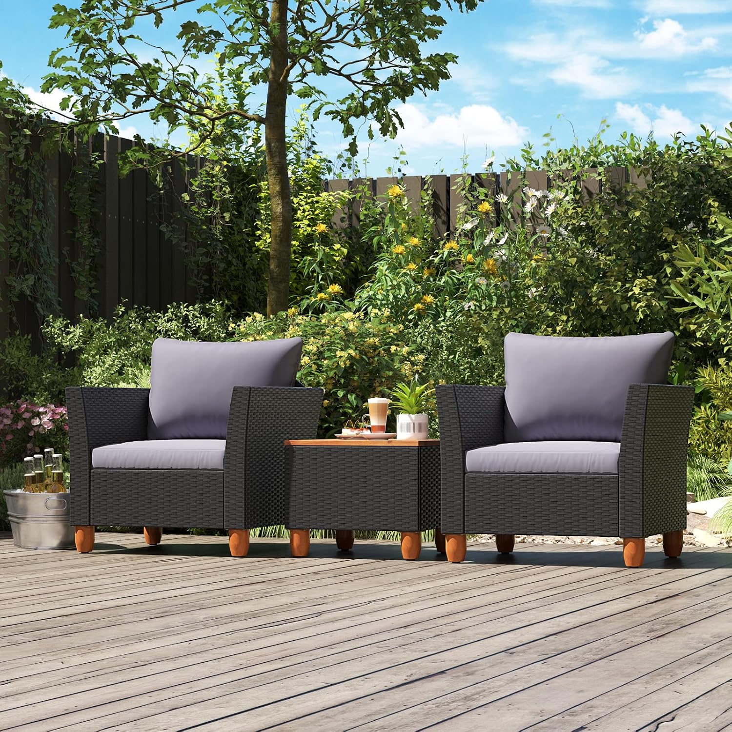 COSTWAY 3 Pieces Patio Rattan Furniture Set, Outdoor Wicker Conversation Chairs Set with Acacia Wood Coffee Table & Washable Cushion, Porch Furniture Bistro Set for Balcony, Garden, Backyard, Grey