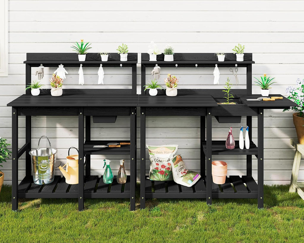 SERWALL Outdoor Potting Bench with Removeable Sink,Rot-Resistant HDPE Potting Table for Outside Gardening, All Weather Use - Black