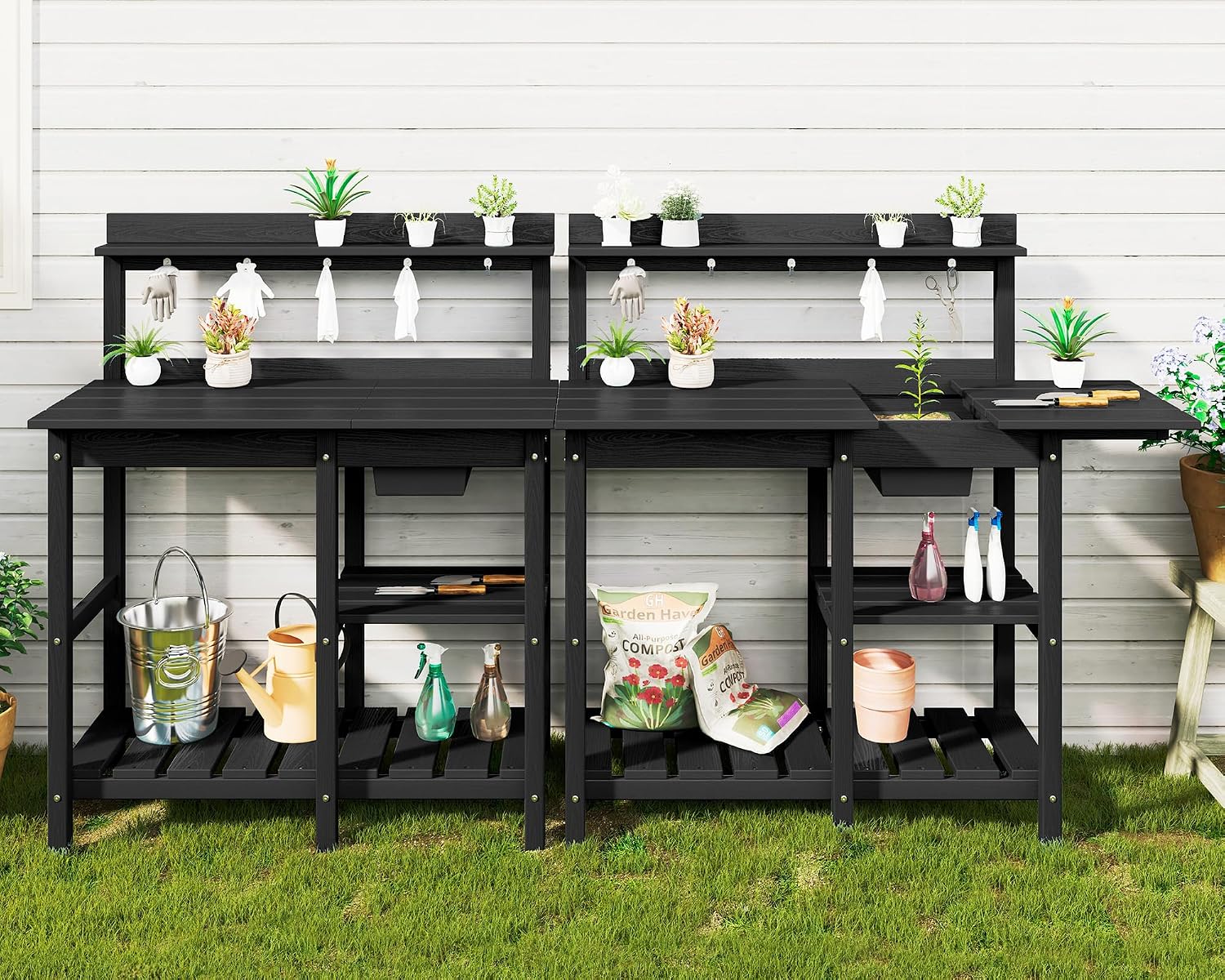 SERWALL Outdoor Potting Bench with Removeable Sink,Rot-Resistant HDPE Potting Table for Outside Gardening, All Weather Use - Black