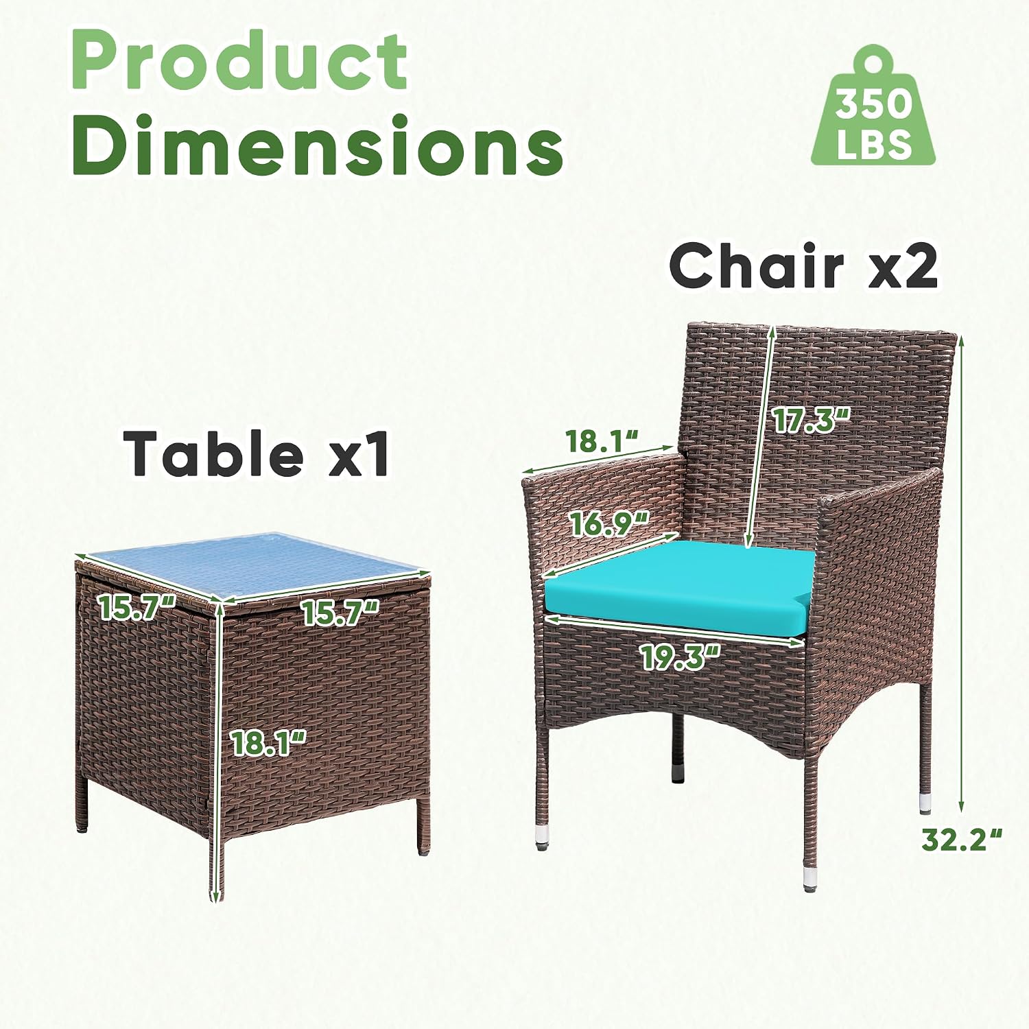 Greesum 3 Pieces Patio Dining PE Rattan Wicker Chair Furniture Set with Cushion and Glass Coffee Table for Outdoor Garden Backyard Poolside, Brown and Blue