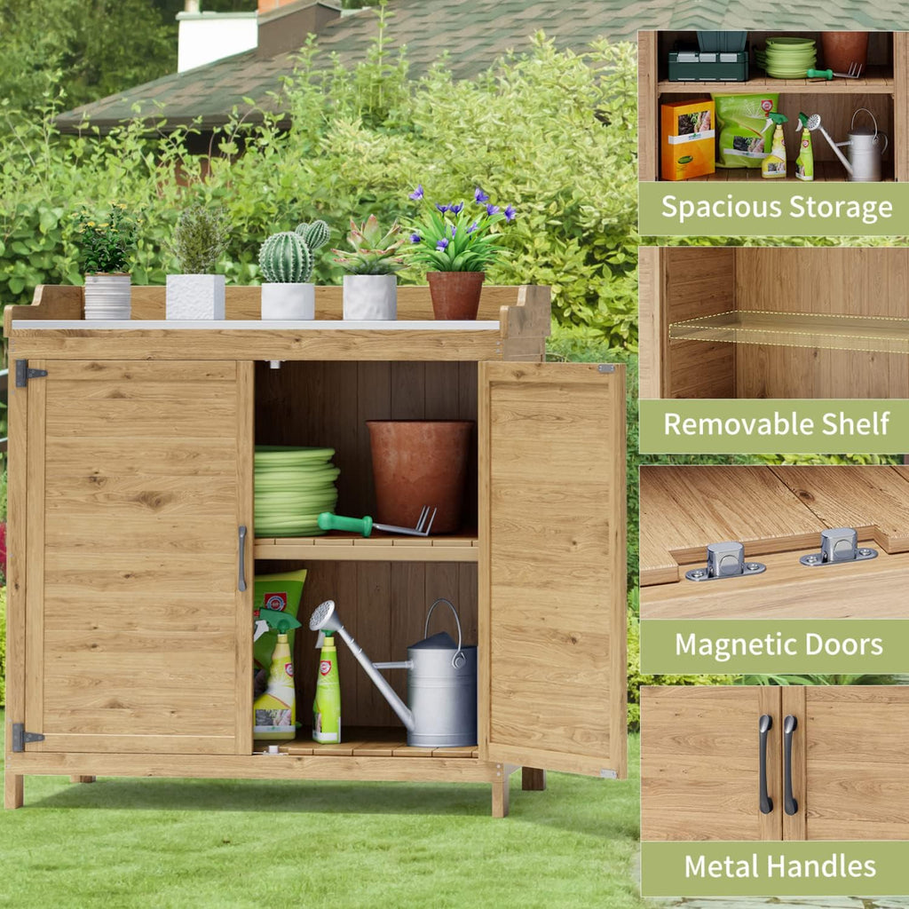 Gizoon Outdoor Potting Bench with Metal Tabletop, Outdoor Garden Patio Wooden Storage Cabinet with Adjustable Shelf, Double Doors Garden Work Bench for Backyard, Patio, Lawn - Natural