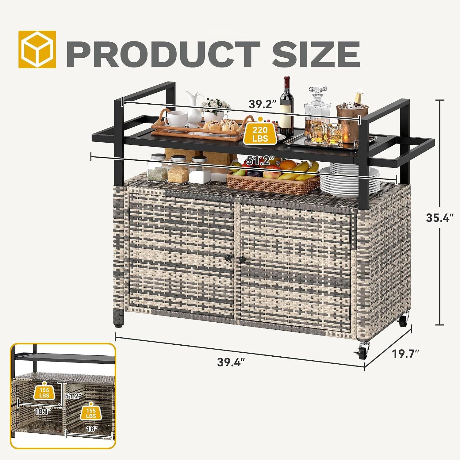 DWVO XXL Patio Storage Cabinet,Outdoor Bar Cart with Glass Top,Outdoor Storage Cabinet with Wheels for Patio, Poolside and Backyard, Grey