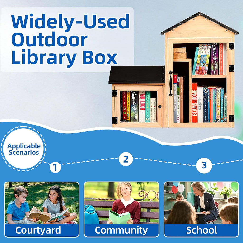 Little Library Box Outdoor, Double Little Library Design with Adjustable Shelf and Large & Small Compartments, Solid Wood with Waterproof Coating & Metal Trim, Sharing Books, Literature & Newspapers