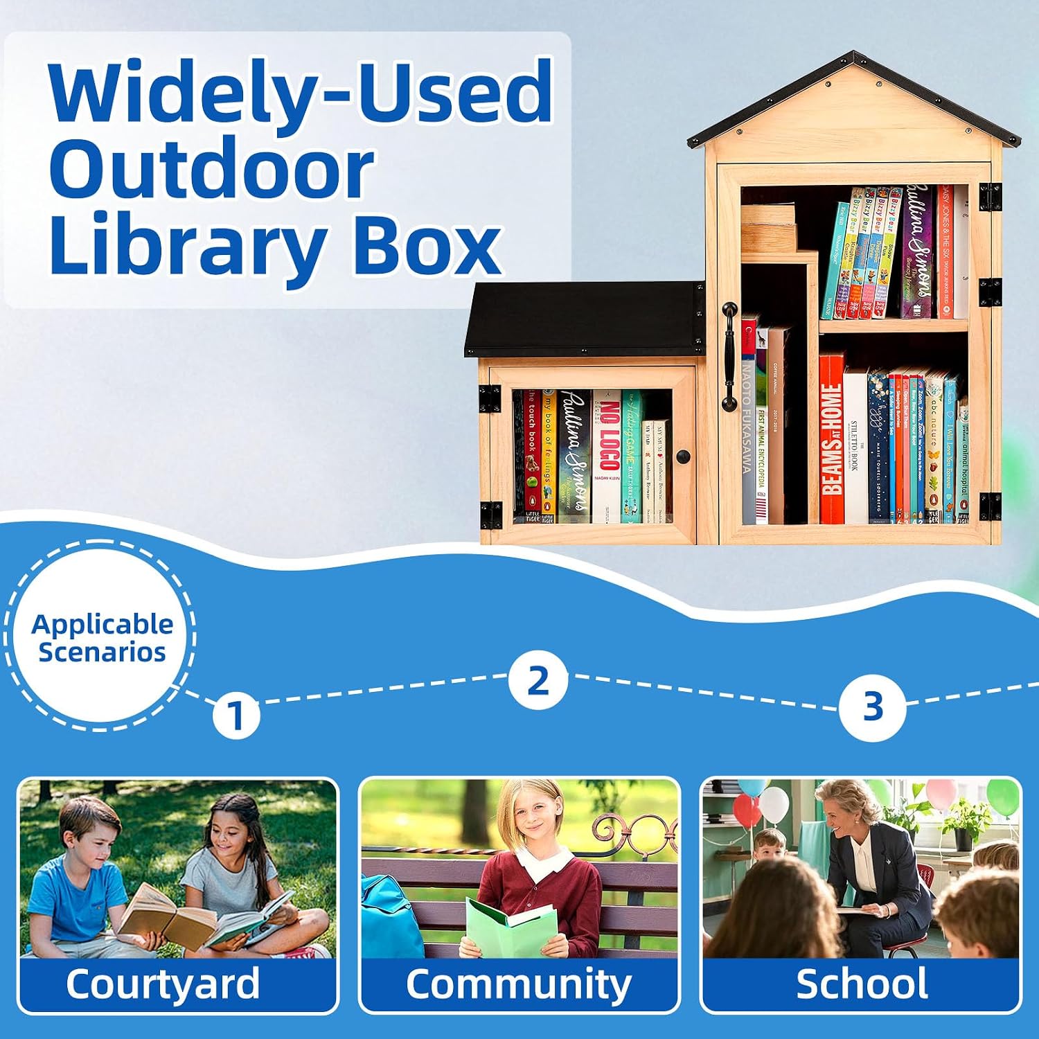 Little Library Box Outdoor, Double Little Library Design with Adjustable Shelf and Large & Small Compartments, Solid Wood with Waterproof Coating & Metal Trim, Sharing Books, Literature & Newspapers