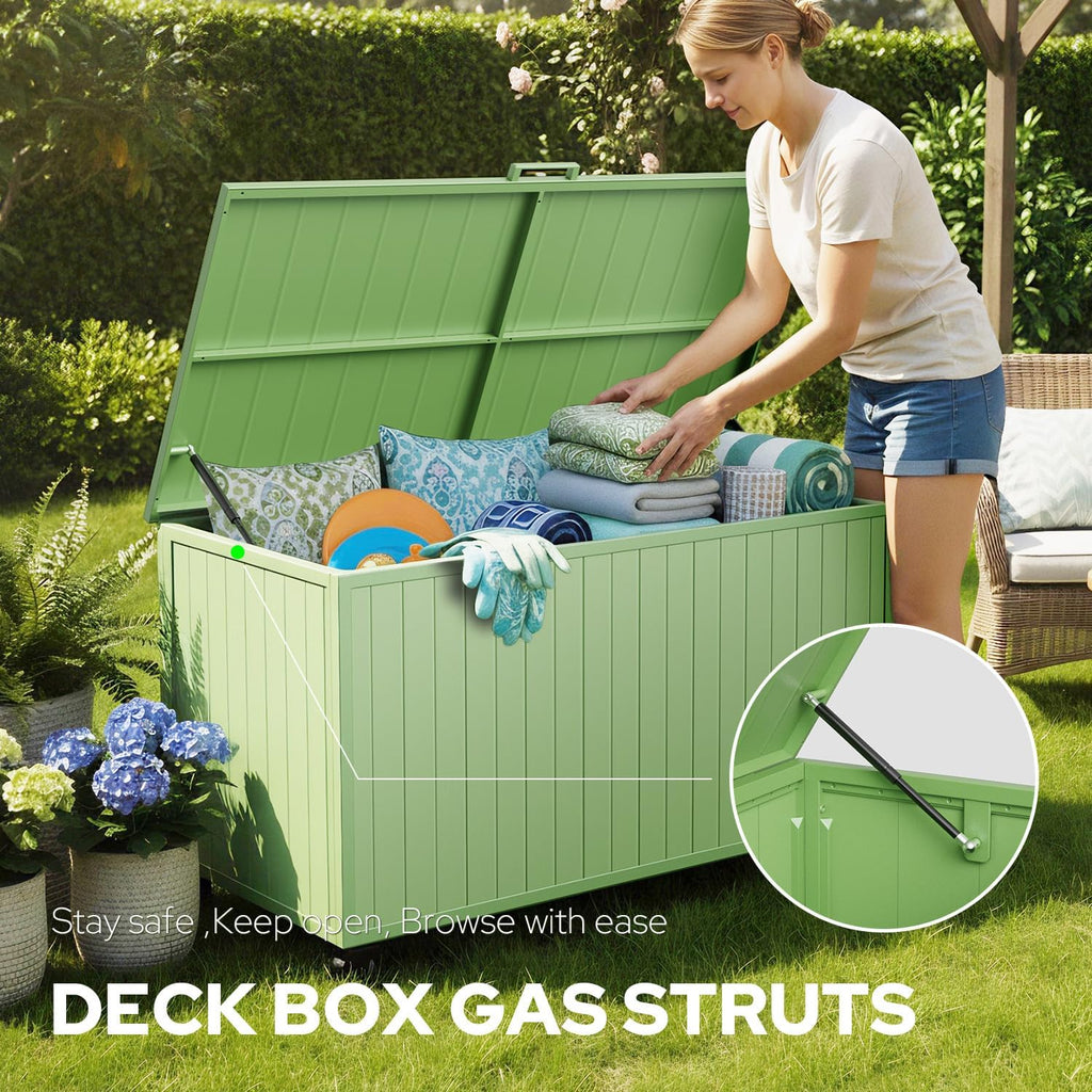 Outdoor Storage Box with Wheels 150 Gallon, Mobile Aluminum Deck Boxes Outdoor Waterproof, UV Resistant Patio Storage Box with Lid for Patio Furniture, Garden Tools, Outdoor Cushion(Green)