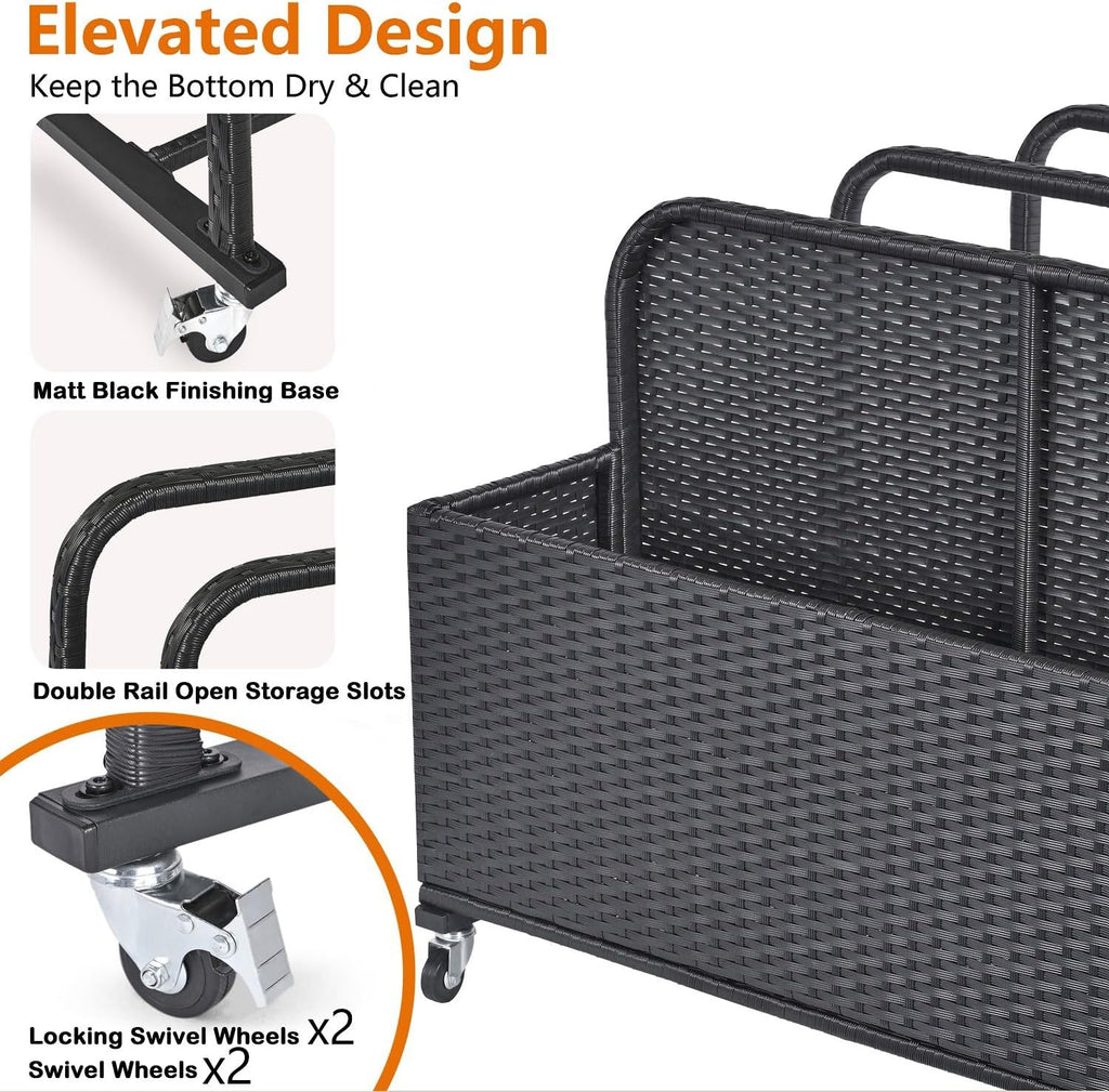Poolside Float Storage Organizer, Pool Toy Storage Holder with Wicker Basket Outdoor Pool Float Holder Storages Rack Rolling Caddy Cart Raft Holder Storages Rack for Poolside Noodles Equipment Black