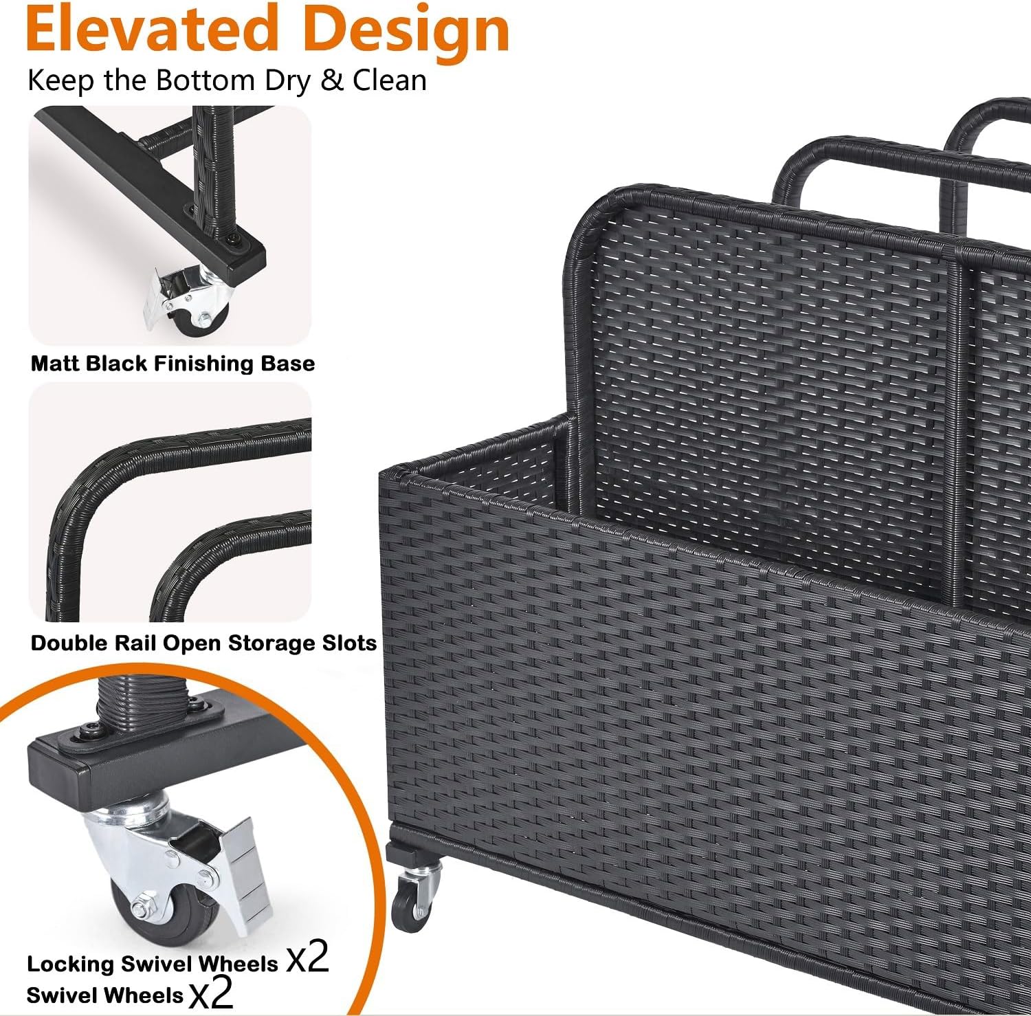 Poolside Float Storage Organizer, Pool Toy Storage Holder with Wicker Basket Outdoor Pool Float Holder Storages Rack Rolling Caddy Cart Raft Holder Storages Rack for Poolside Noodles Equipment Black