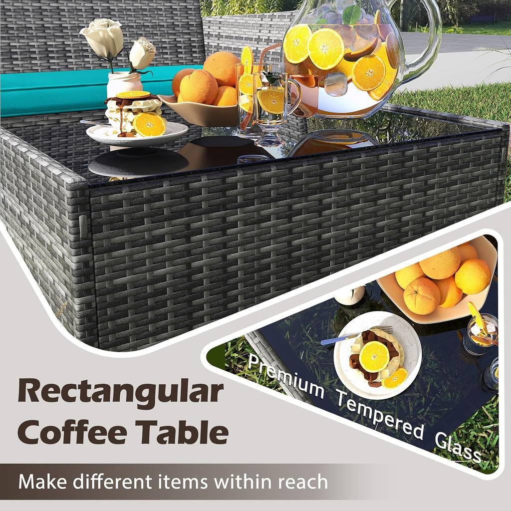 Tangkula 8 Pieces Patio Rattan Conversation Set, Outdoor Wicker Furniture Set with Cushioned Chair, Loveseat & Tempered Glass Table, Outside Sectional Sofa Set for Backyard (G-Turquoise,2)