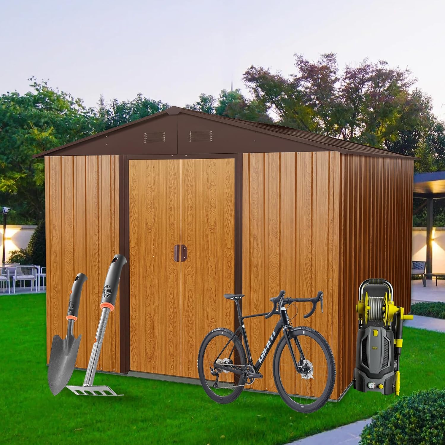 Favfurish 10x8 FT Outdoor Storage Shed, Garden Tool House with Metal Floor Base, Double Sliding Doors, Air Vents, Storage Clearance for Backyard, Patio, Garage, Lawn, Coffee