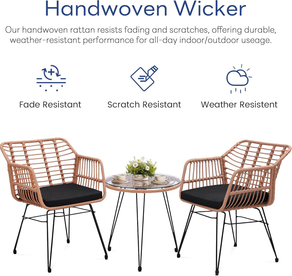KROFEM 3 Piece Wicker Patio Bistro Furniture Set, Includes 2 Rattan Chairs and Glass Top Table, Ideal for Porch, Outdoor, Backyard, Apartment, Balcony, Natural