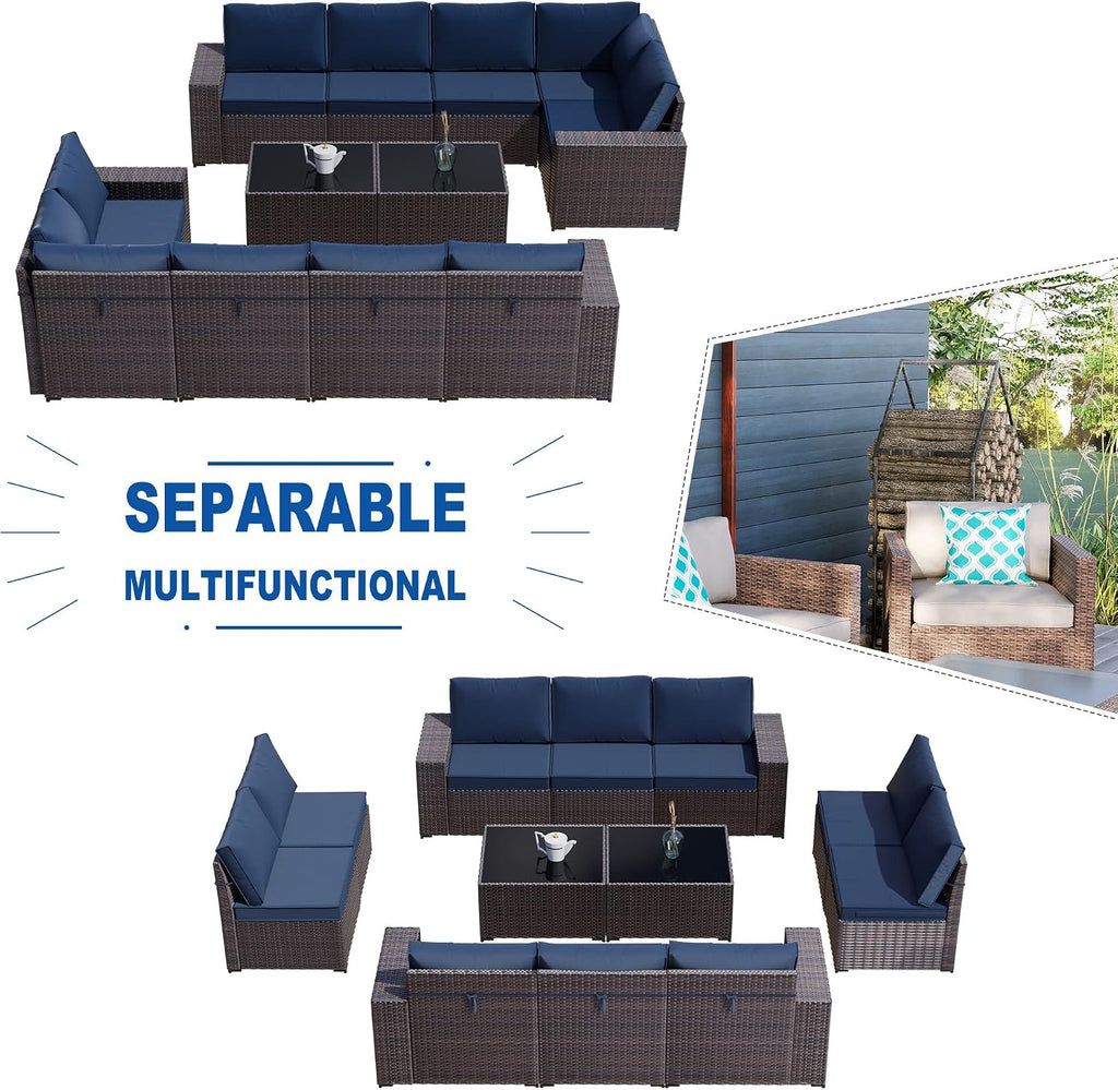 Kullavik Outdoor Patio Furniture Set,12 Pieces Sectional Rattan Sofa Set Brown PE Rattan Wicker Patio Conversation Set with 10 Seat Cushions and 2 Tempered Glass Coffee Table,Navy Blue