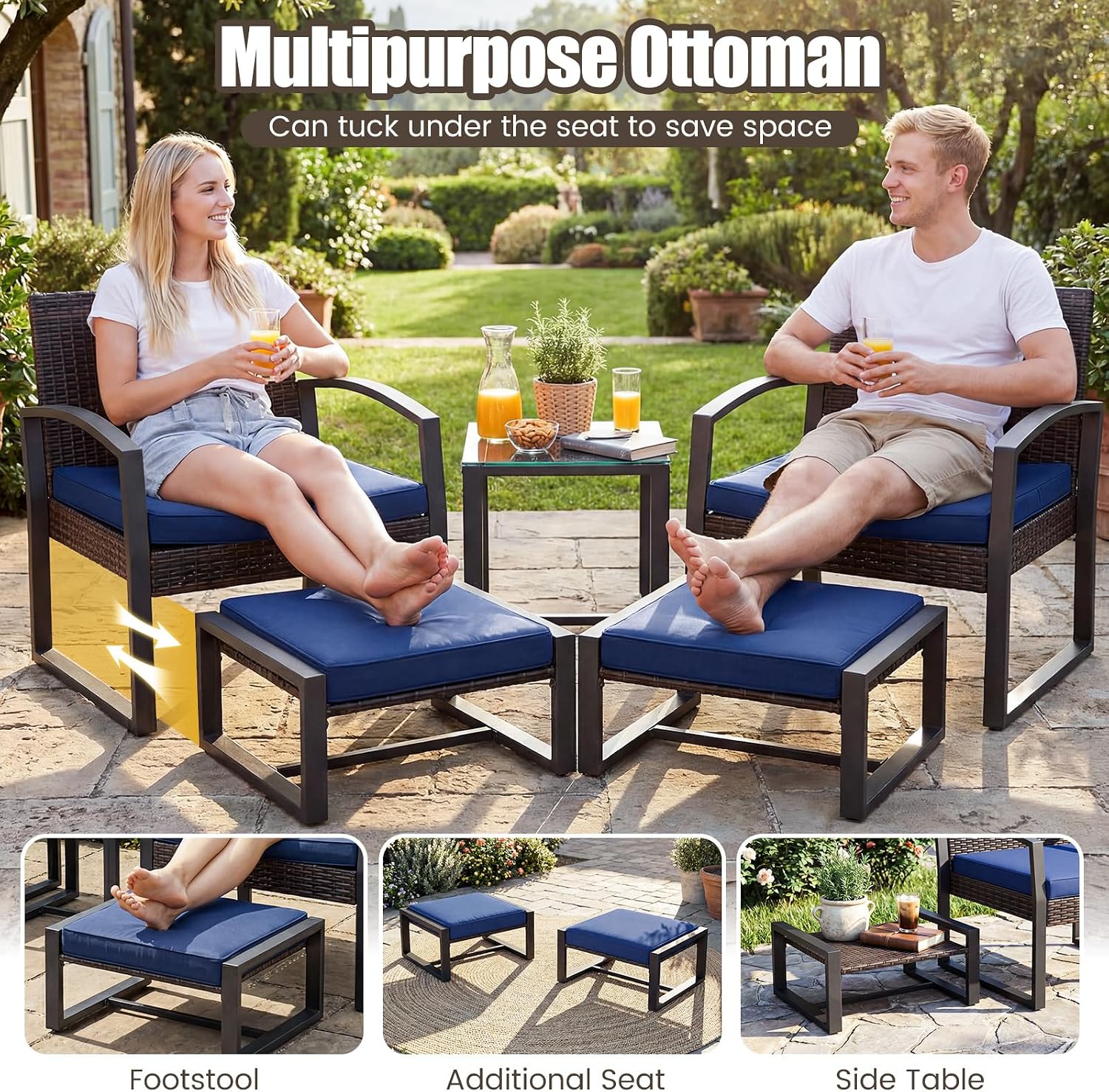 Tangkula 5 Pieces Wicker Patio Conversation Set, Outdoor PE Rattan Chair with Ottoman Set with Glass Side Table, 2-Person Small Balcony Furniture Seating Set with Cushions for Porch, Backyard, Deck