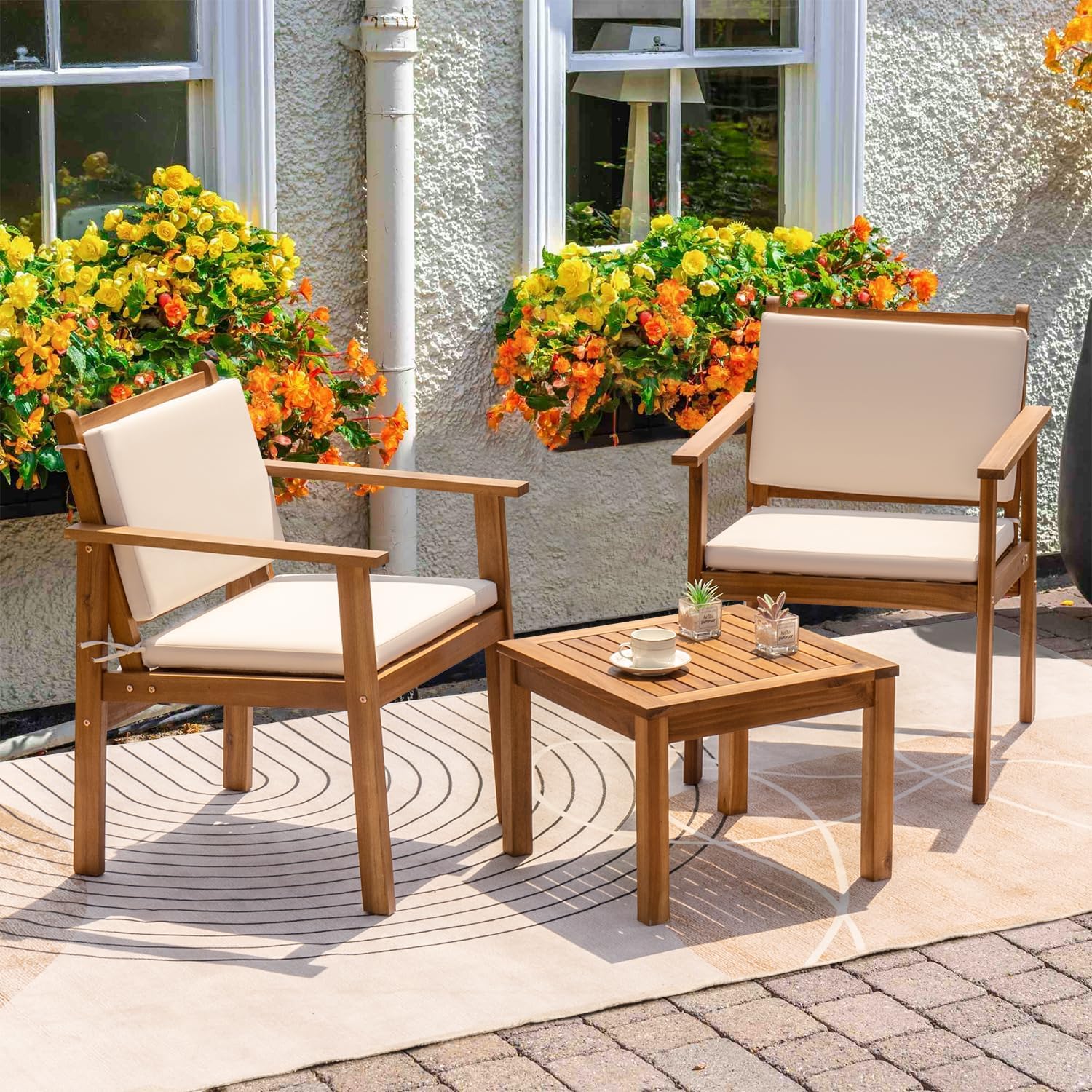 Greesum Outdoor Patio Furniture, 3 Piece Bistro Sofa Set with 1 Coffee Table and 2 Chairs, Acacia Wood Conversation Sets with Cushions, for Garden, Backyard, Poolside, White