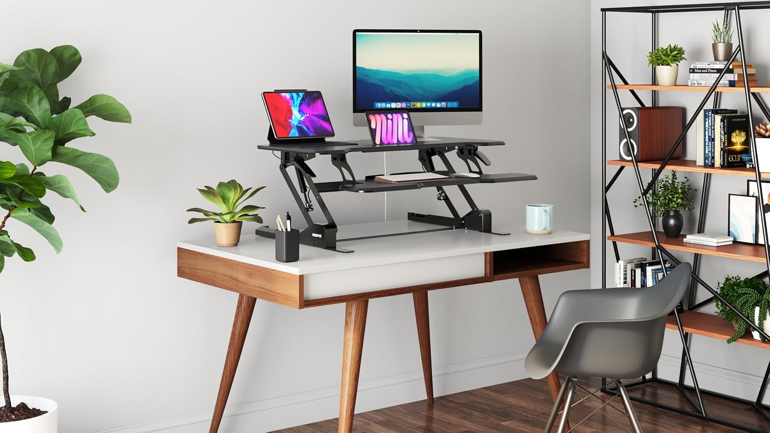 Mount-It! 38 Inch Standing Desk Converter - Gas Spring Sit Stand Desk Riser for Dual Monitors - Height Adjustable Desktop Workstation with Keyboard Tray - Black