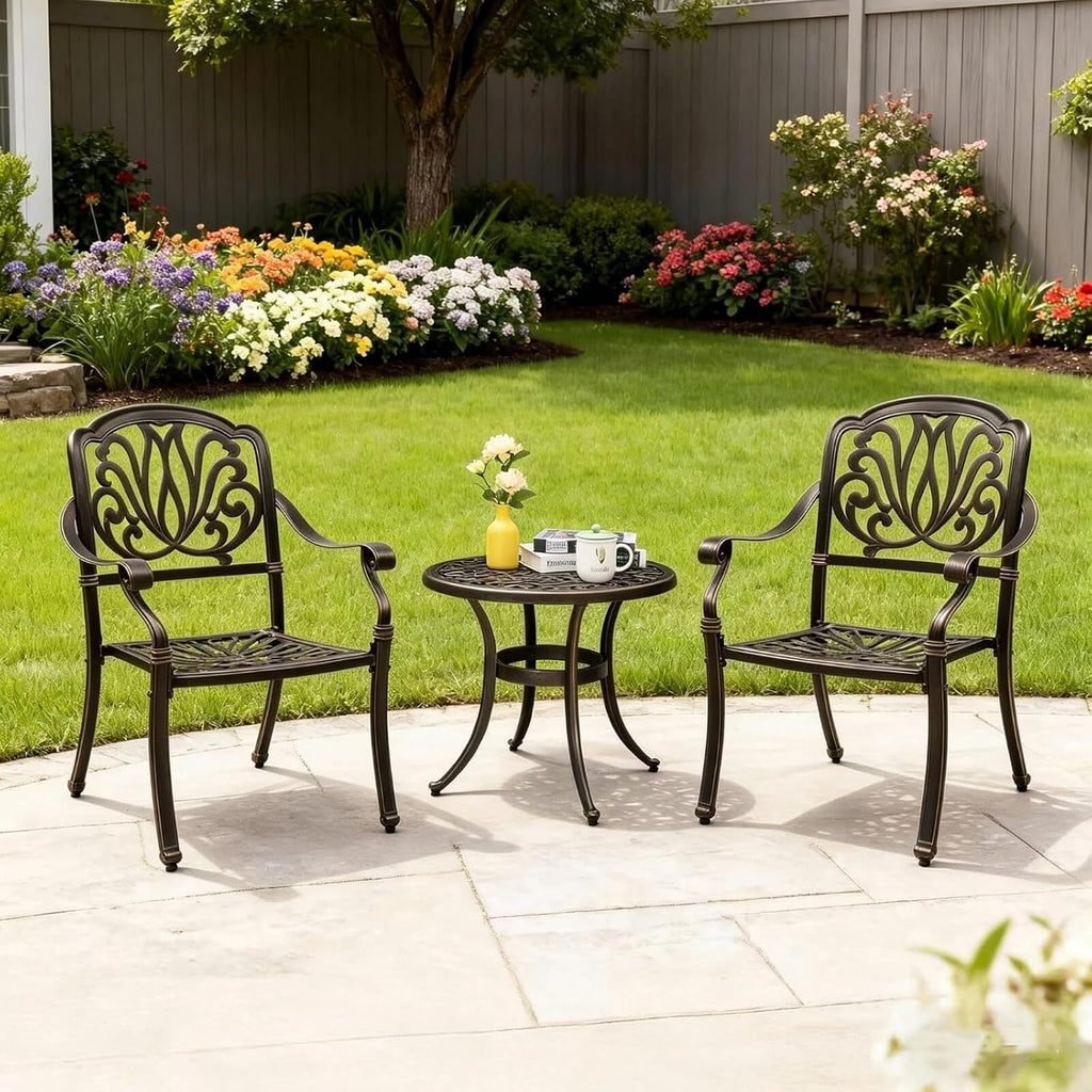 VINGLI 3 Piece Outdoor Bistro Set, Cast Aluminum Patio Table and 2 Chairs Set for Patio Balcony Garden, All Weather Outdoor Furniture Set with Stackable Chairs and Small Round Table (Without Cushion)
