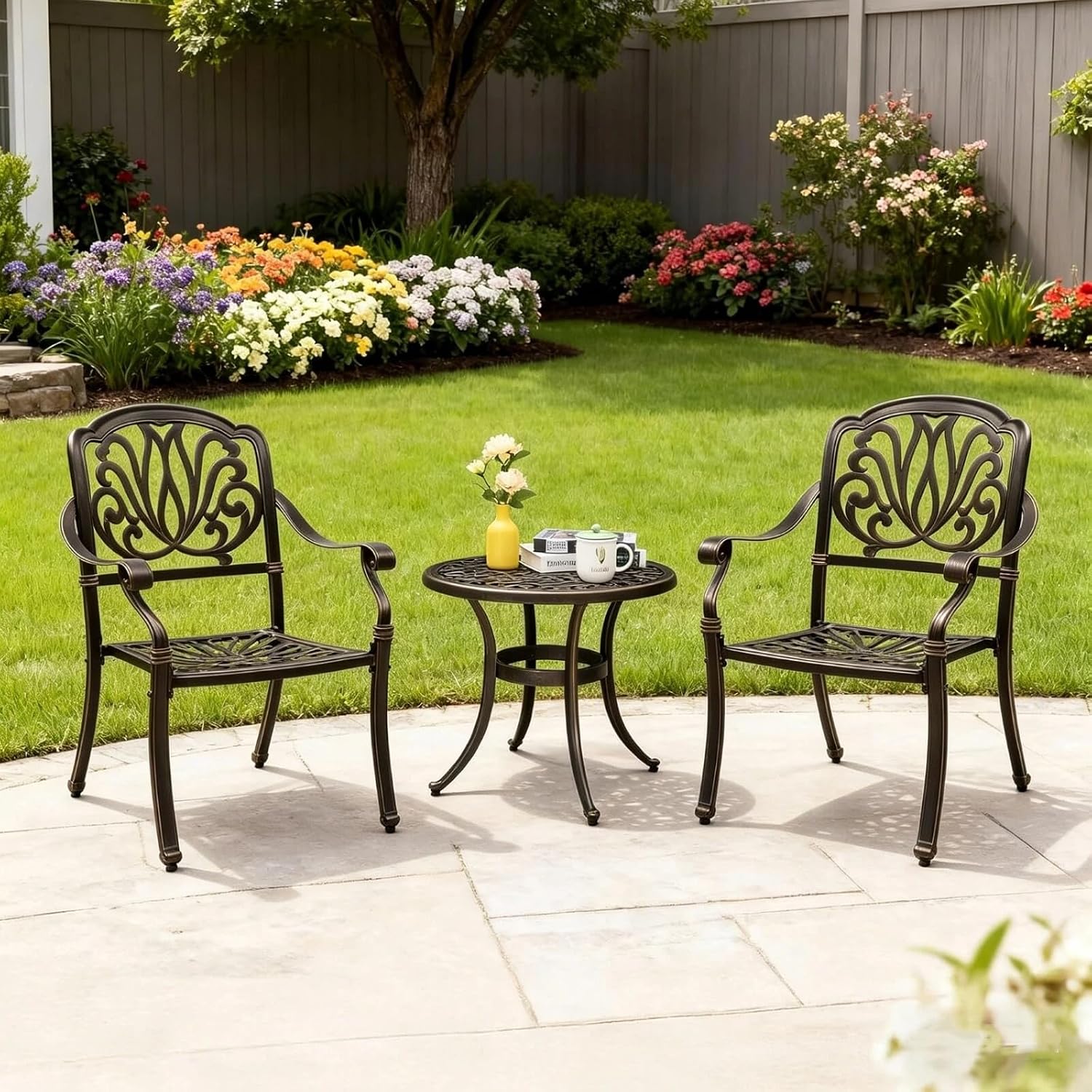 VINGLI 3 Piece Outdoor Bistro Set, Cast Aluminum Patio Table and 2 Chairs Set for Patio Balcony Garden, All Weather Outdoor Furniture Set with Stackable Chairs and Small Round Table (Without Cushion)
