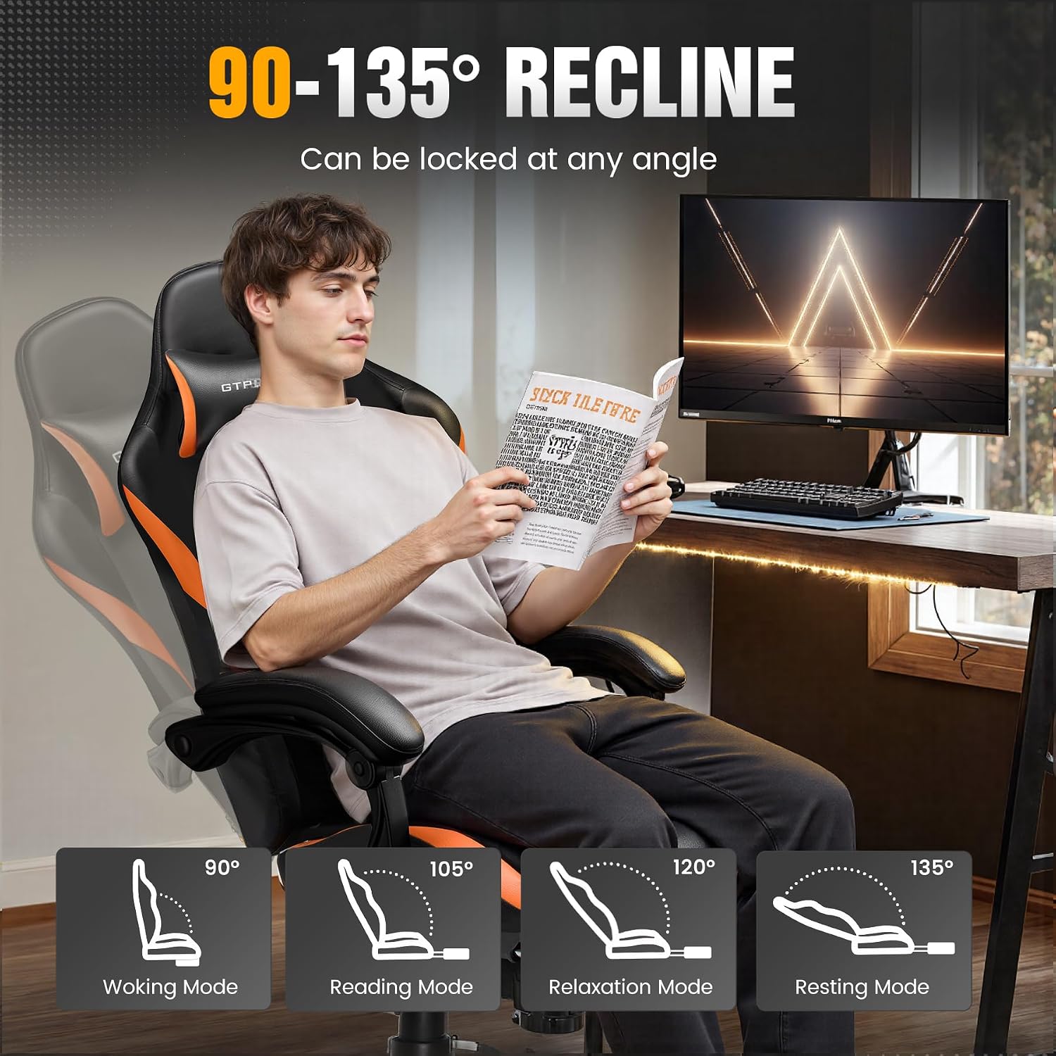 GTPLAYER Gaming Chair with Foot Rest & Pocket Spring Cushion, Ergonomic High Back Computer Chair with Headrest & 360°-Swivel Seat for Home Office Desk, PU Leather, Orange