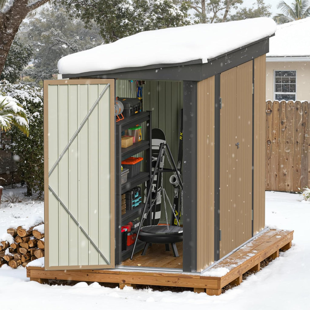 Greesum 8x4FT Outdoor Storage Shed, Metal Shed with Triple Lockable Door, Utility Tool Storaged Garden Shed with Slopping Roof for Patio Storage, Brown