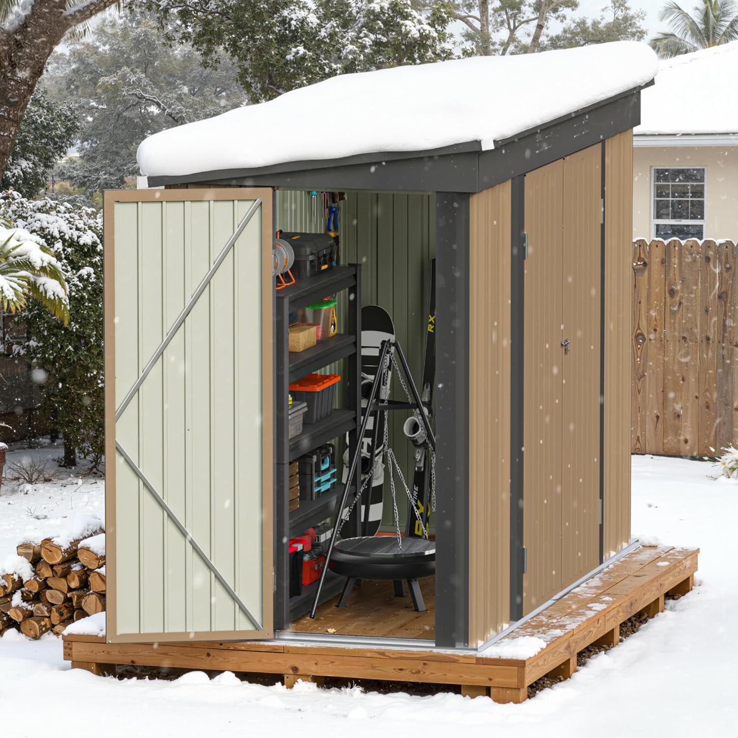 Greesum 8x4FT Outdoor Storage Shed, Metal Shed with Triple Lockable Door, Utility Tool Storaged Garden Shed with Slopping Roof for Patio Storage, Brown
