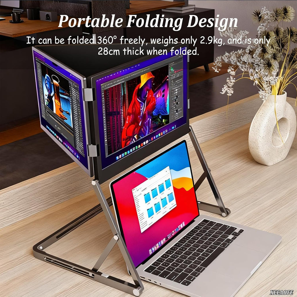 Foldable 15.6' Triple Monitor for Laptop, 1080p FHD Tri-Fold Screen Extender, Portable Extended Display with 178° Adjustable Viewing Angles for Enhanced Productivity