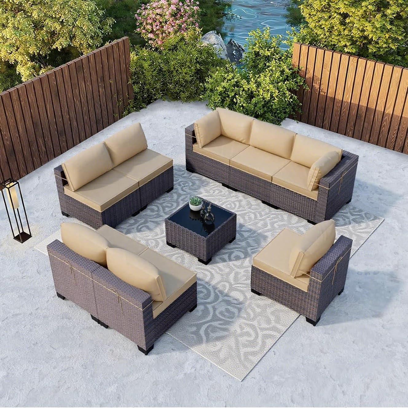 Kullavik 9 Pieces Outdoor Patio Furniture Set,Outdoor Sectional Rattan Sofa Set Brown PE Rattan Wicker Patio Conversation Set with Tempered Glass Coffee Table and Washable Cushions Covers,Sand