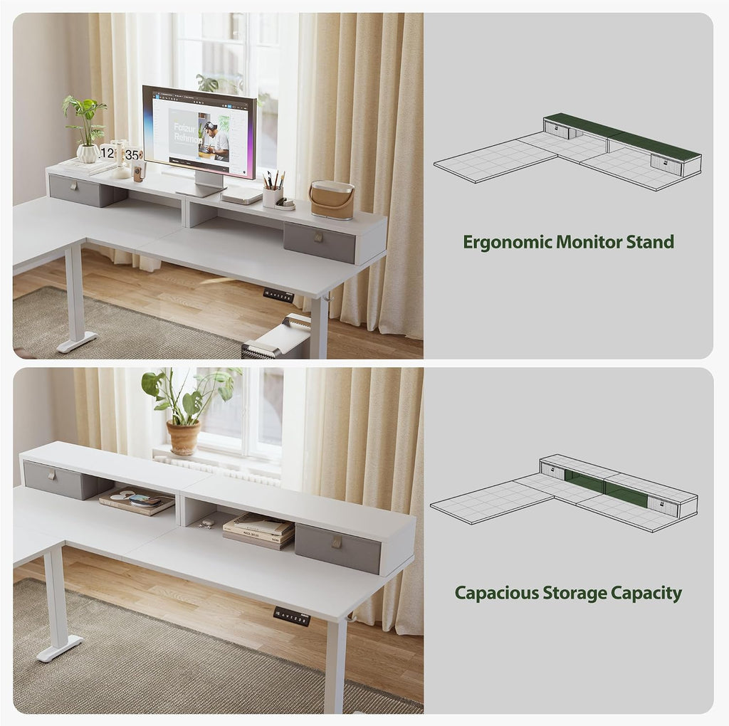 Agilestic L Shaped Electric Standing Desk with 2 Drawers, 63 Inch Ergonomic Adjustable Height Desk with Storage, Corner Desk Sit Stand up Computer Table for Work Office Home, White