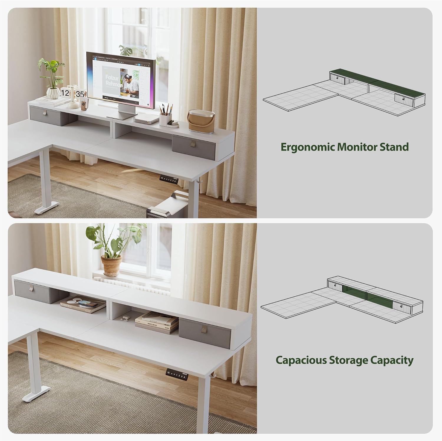 Agilestic L Shaped Electric Standing Desk with 2 Drawers, 63 Inch Ergonomic Adjustable Height Desk with Storage, Corner Desk Sit Stand up Computer Table for Work Office Home, White
