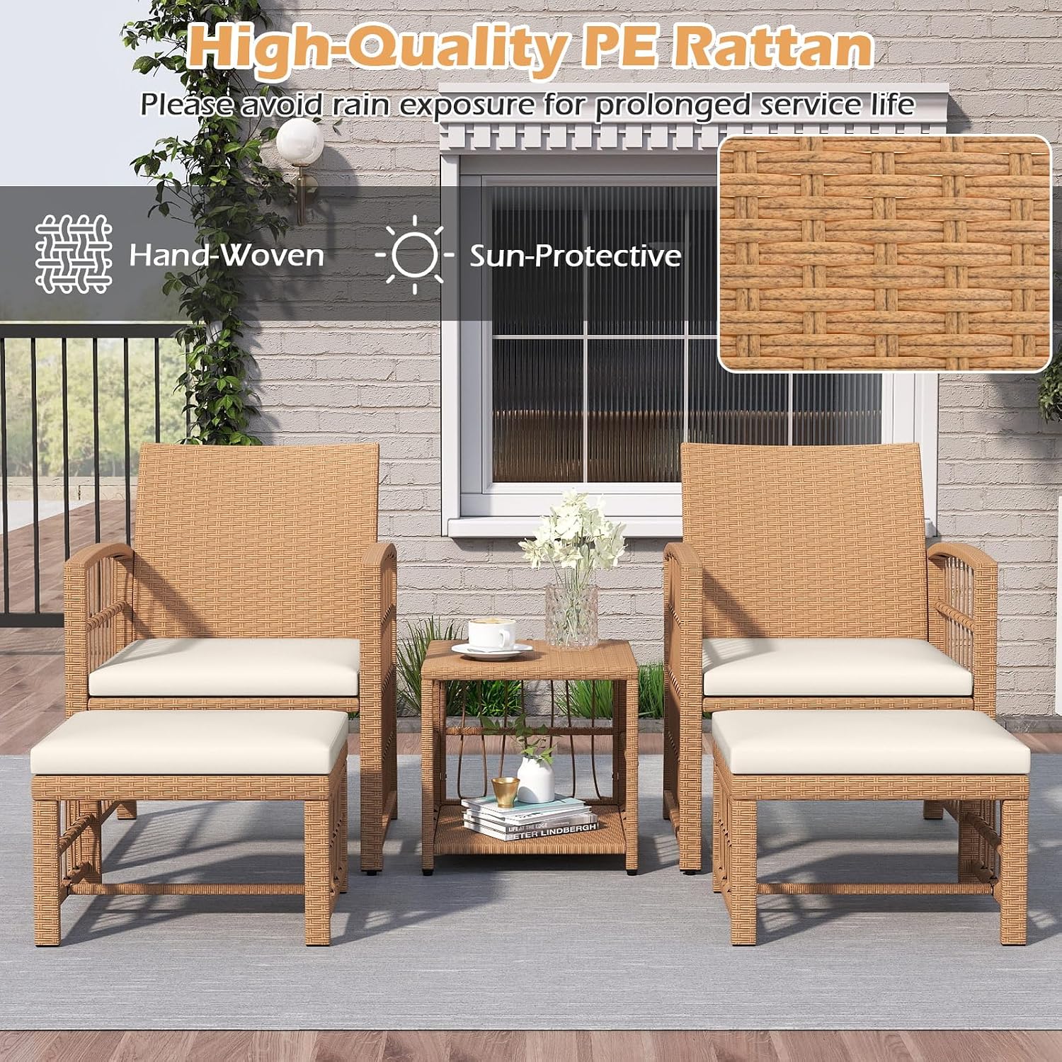 Tangkula 5 Pieces Patio Wicker Conversation Set, Outdoor Furniture Set with 2 Armchairs, 2 Ottomans & 2-Tier Side Table, Outside Rattan Cushioned Sofa Set for Deck, Backyard, Porch or Poolside