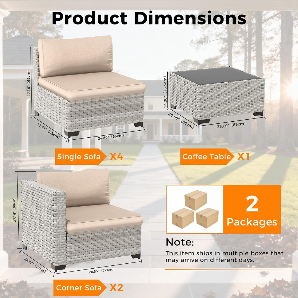 6-Seat Modular Patio Furniture Set – Outdoor Wicker Sectional Sofa with Thick 4″ Cushions, Dual-Strand PE Rattan, Rust-Resistant 18 mm Steel Frame, Backyard Garden Deck Lounge,Beige