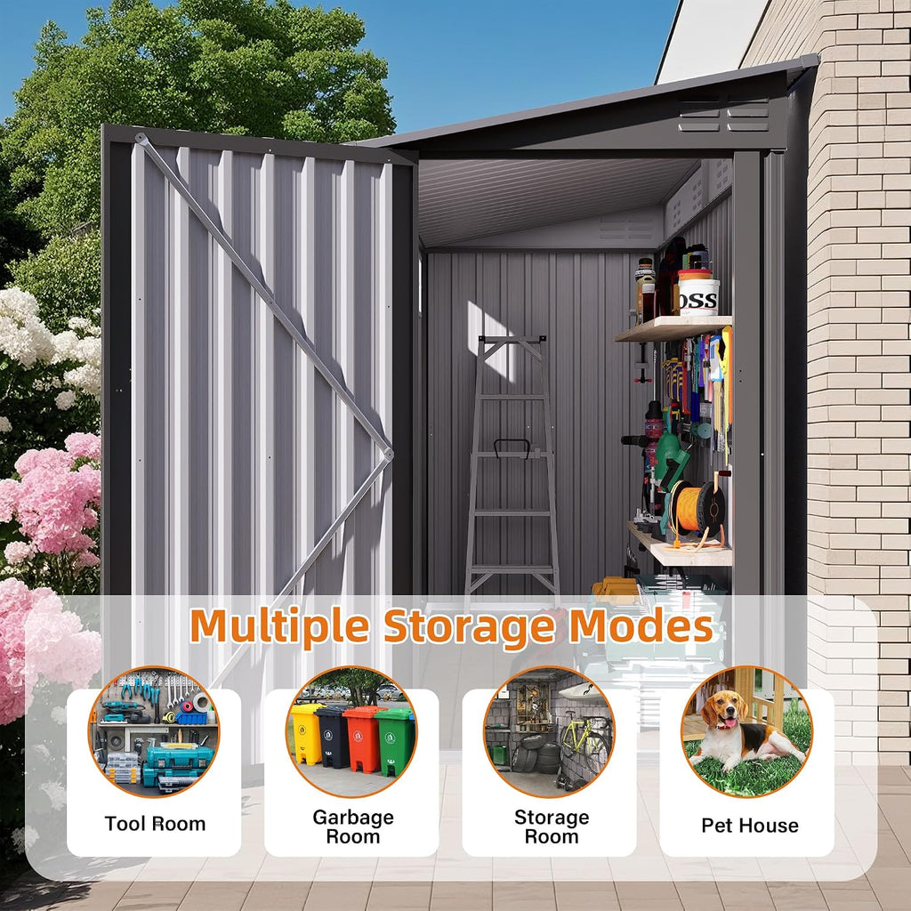 4x9 FT Lean to Shed with Windows, Metal Sheds & Outdoor Storage with 6 Vents and 1 Side Open Door, Outdoor Storage Shed Waterproof for Backyard, Garden, Patio, Gray