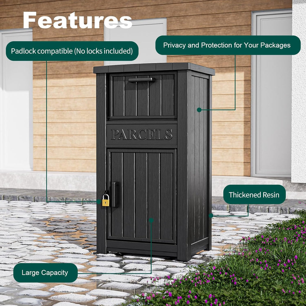 Package Delivery Box for Outside, Large Parcel Drop Box with Lockable Secure, Waterproof and Anti-Theft Storage for Porch, Curbside, House (Black)