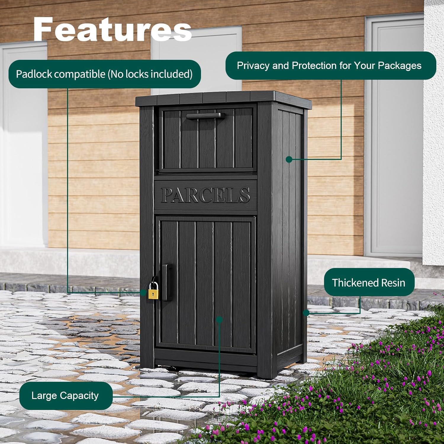 Package Delivery Box for Outside, Large Parcel Drop Box with Lockable Secure, Waterproof and Anti-Theft Storage for Porch, Curbside, House (Black)