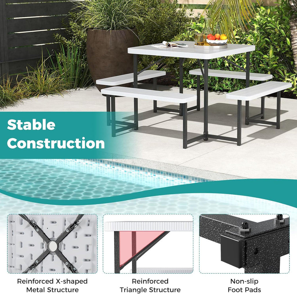 Giantex Picnic Table Bench Set for 4-8 People, 34' Outdoor Square Dining Table & 2 Benches w/Umbrella Hole, HDPE Tabletop, Metal Frame, Patio Camping Furniture for Backyard Porch Lawn (White,Square)