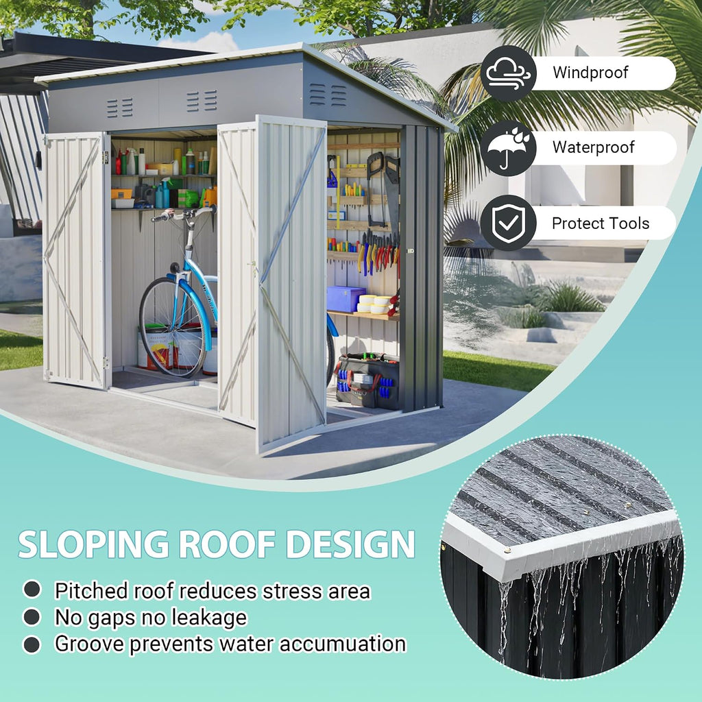 YOPTO 4x8 FT Outdoor Storage Shed with Floor Frame,Metal Shed W/Left/Right Optional Lockable Door,Heavy-Duty Garden Tool Storage House W/ 4 Air Vents & Sloping Roof,for Backyard,Patio,Lawn,Gray
