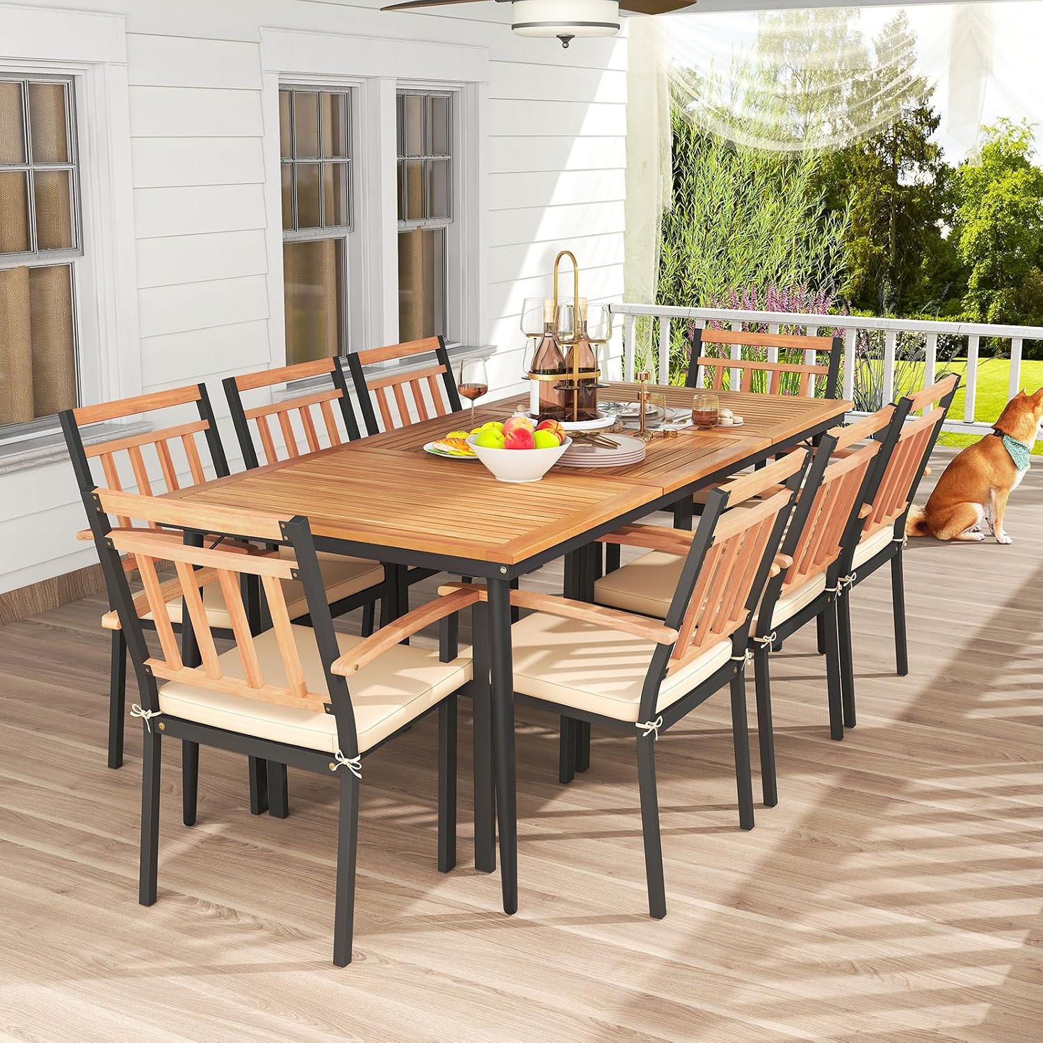 Tangkula 9-Piece Patio Dining Set, 79' Rectangle Dining Tables with 8 Wooden Armchairs, Outdoor Acacia Wood Dining Furniture Set with 1.9' Umbrella Hole for Garden, Porch, Deck
