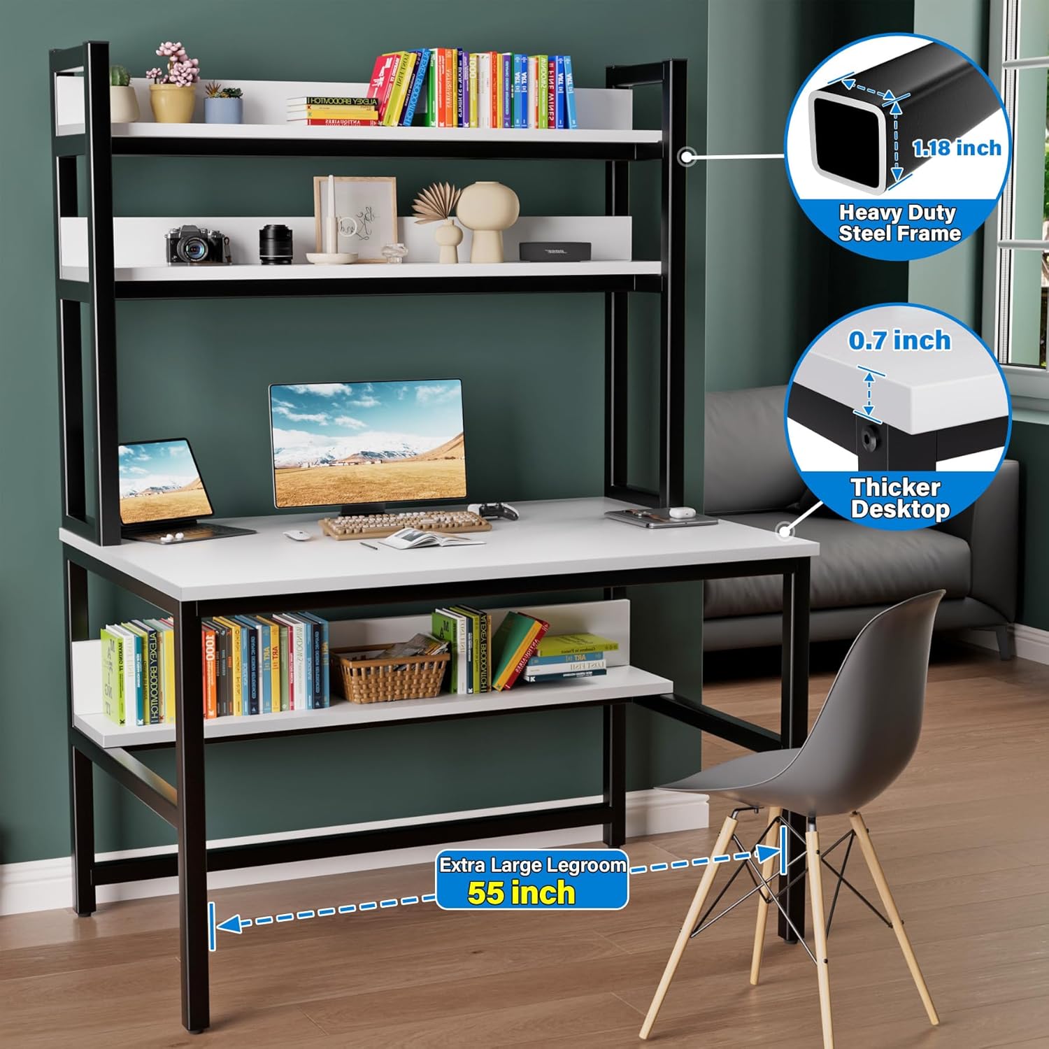 Aquzee Computer Desk, Easy Assembly Gaming Table with Hutch and Shelves, 4 Tiers Desk with Large Wood Desktop, Metal Legs, Ideal for Storage Study Work Writing Homework, White, 55Wx65Hx23.6D Inches