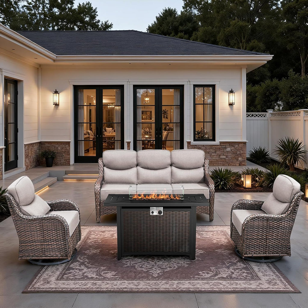 HUMMUH 6 Pieces Patio Furniture Set with Fire Pit High Back Outdoor Furniture Set 6-inch Cushions Wicker Patio Swivel Rocker Chairs for Balcony Garden,Lawn,Deck