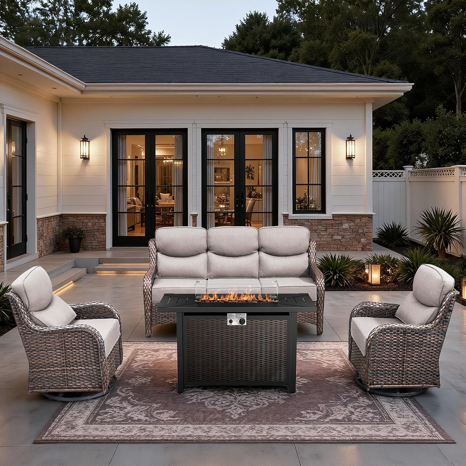 HUMMUH 6 Pieces Patio Furniture Set with Fire Pit High Back Outdoor Furniture Set 6-inch Cushions Wicker Patio Swivel Rocker Chairs for Balcony Garden,Lawn,Deck