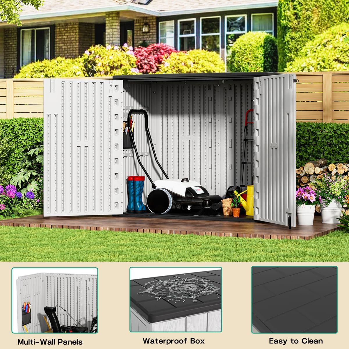 KINYING Outdoor Horizontal Storage Sheds,37 Cu.ft Outdoor Storage Cabinet Waterproof Resin Tool Storage Box for Lawn Mower,Garden Tools and Patio Furniture, Lockable (Grey)