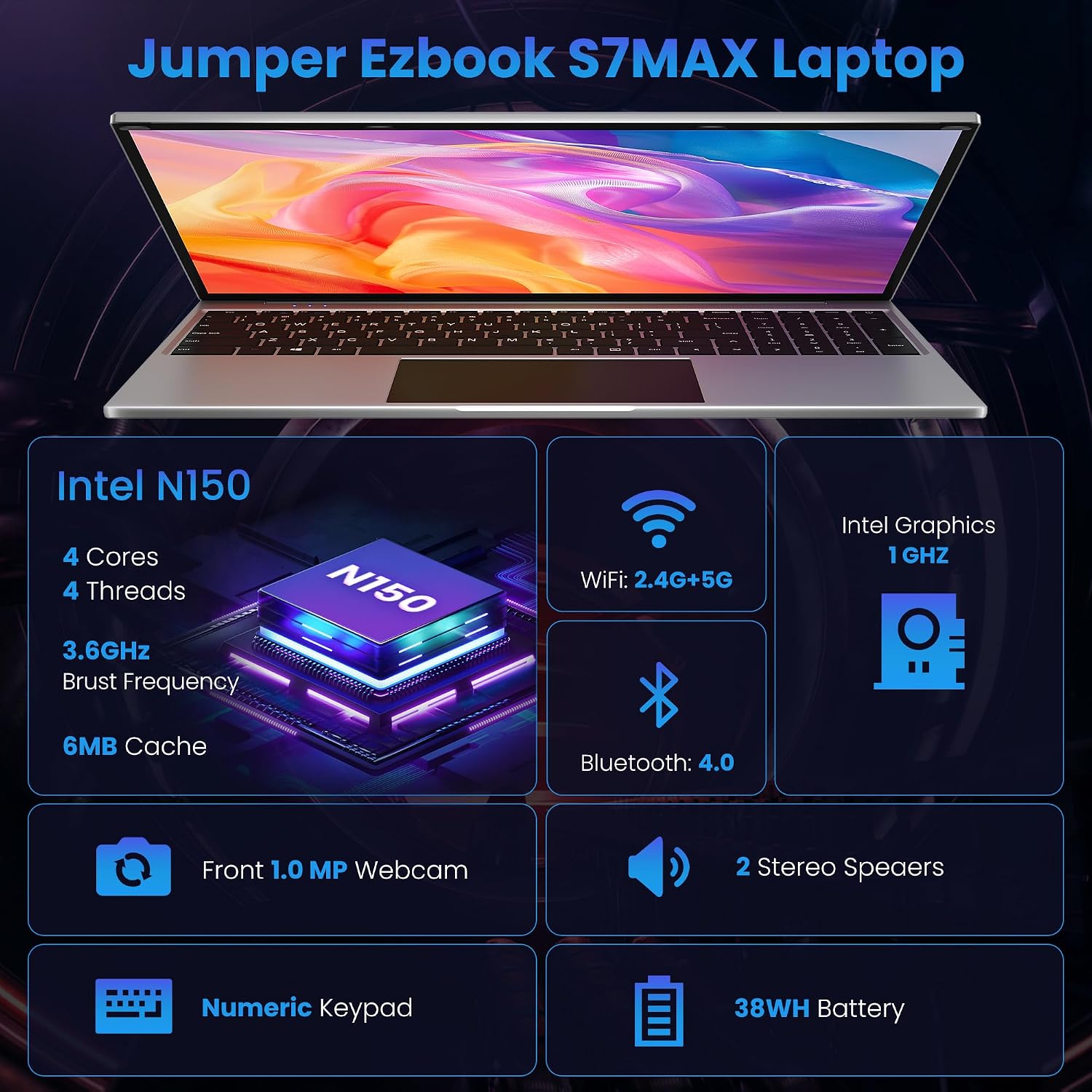 jumper 16 Inch Laptop,12th N150 Processor,1200P IPS Display,1-Year Office 365, 16GB DDR4, 1TB SSD 128GB ROM, Windows 11 Computer, tubro Boost 3.6GHz, Type-C, Purple, for Business and Students.