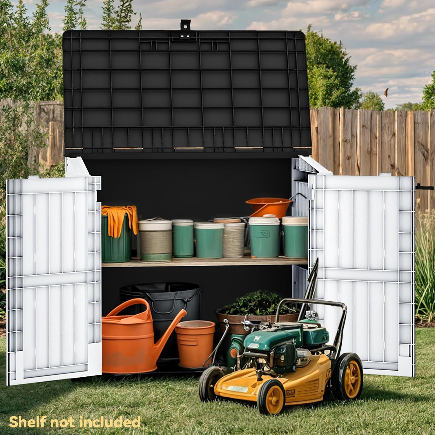 DWVO 36 cu ft Tool Storage Shed, Storage for Bakcyard, Patio, and Garden, Resin Plastic Shed with Sloped Lid, Lockable Door, and Wood Grain Finish, Light Gray