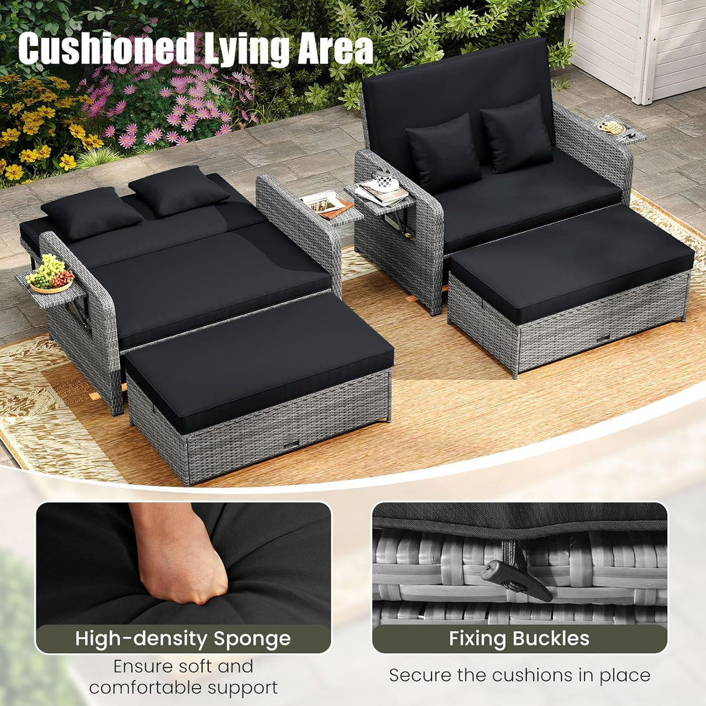 Tangkula Patio Rattan Daybed with 4-Level Adjustable Backrest, Outdoor PE Wicker Loveseat with Storage Ottoman & Folding Side Table, Double Sunbed for Balcony, Backyard & Poolside, Black & Grey