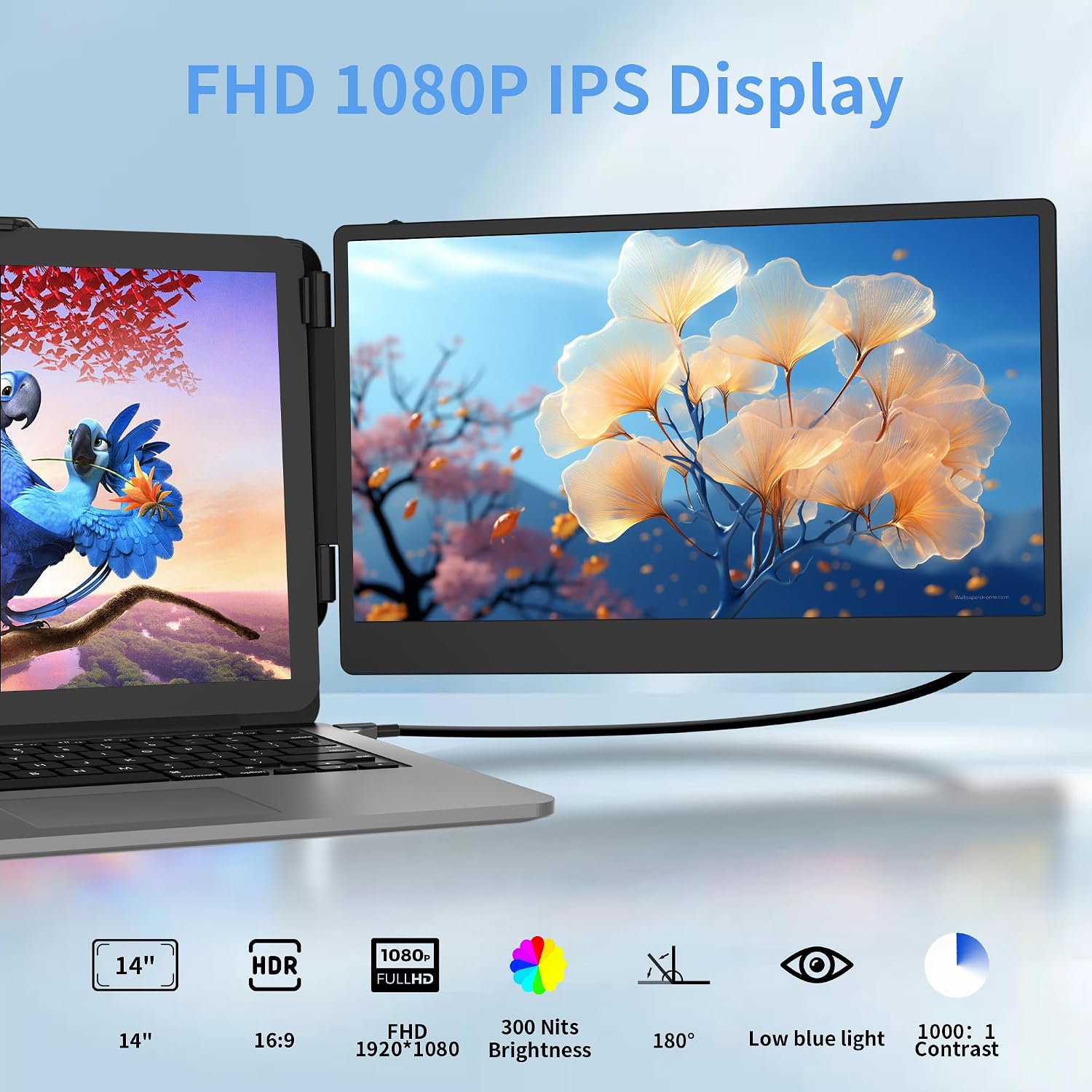 14' Laptop Screen Extender, FHD 1080P IPS Dual Screen Laptop Monitor Extender, Portable Monitor for Laptops 13-17.3' Compatible with Win/Mac/Android/Switch