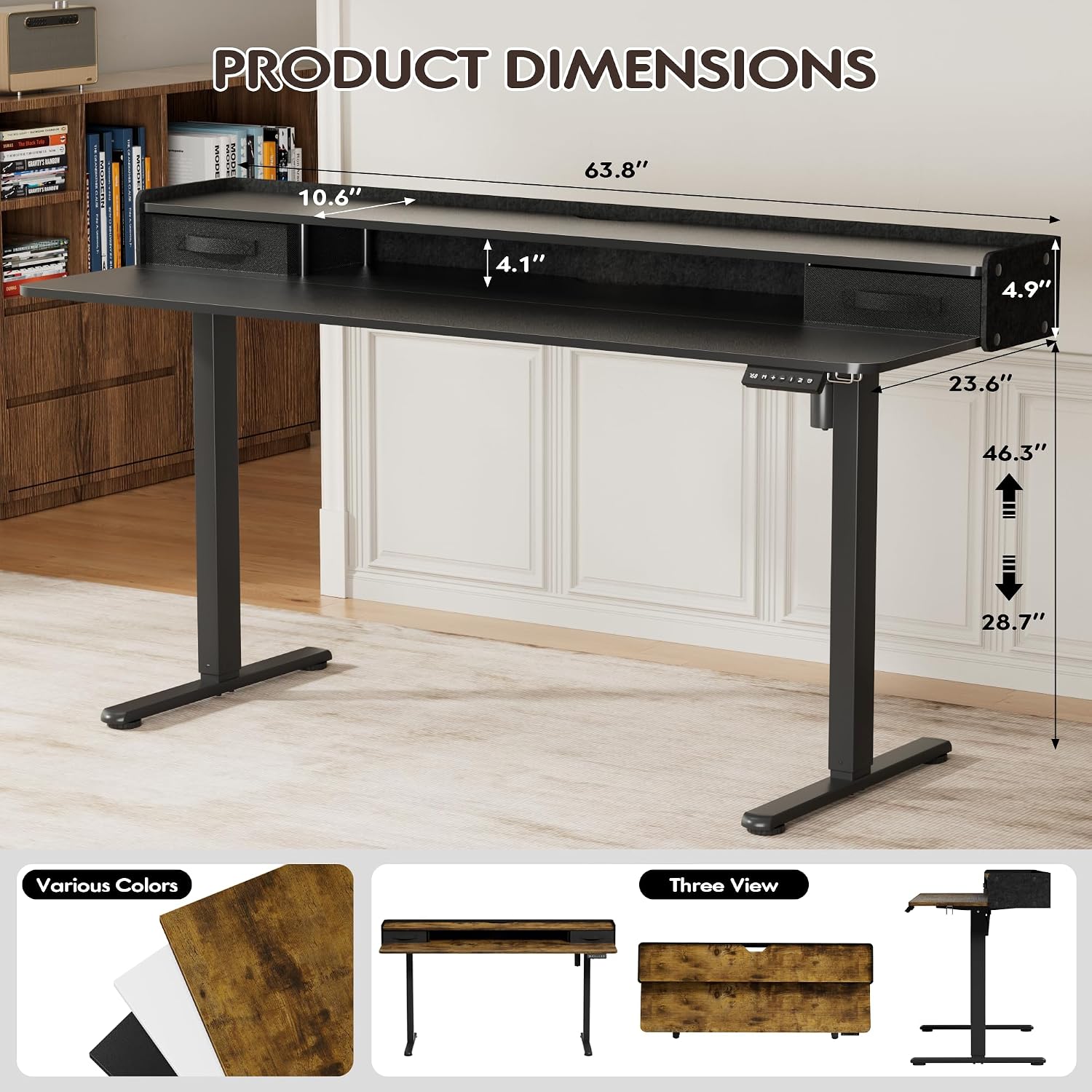 Furmax Electric Standing Desk with Drawers, Stand Up Desk with Storage Shelf Height Adjustable Computer Desk with Organizer for Home Office Ergonomic(Black, 63 Inch)