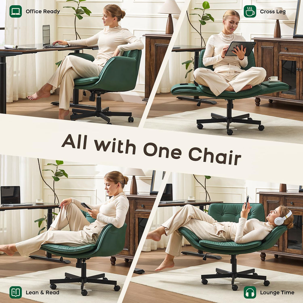 amseatec Criss Cross Office Chair, PU Leather Vanity Chair with 5-Level Adjustable Armrests & Swivel, Ergonomic Criss Cross Chair for Home Office Bedroom Makeup（Green）