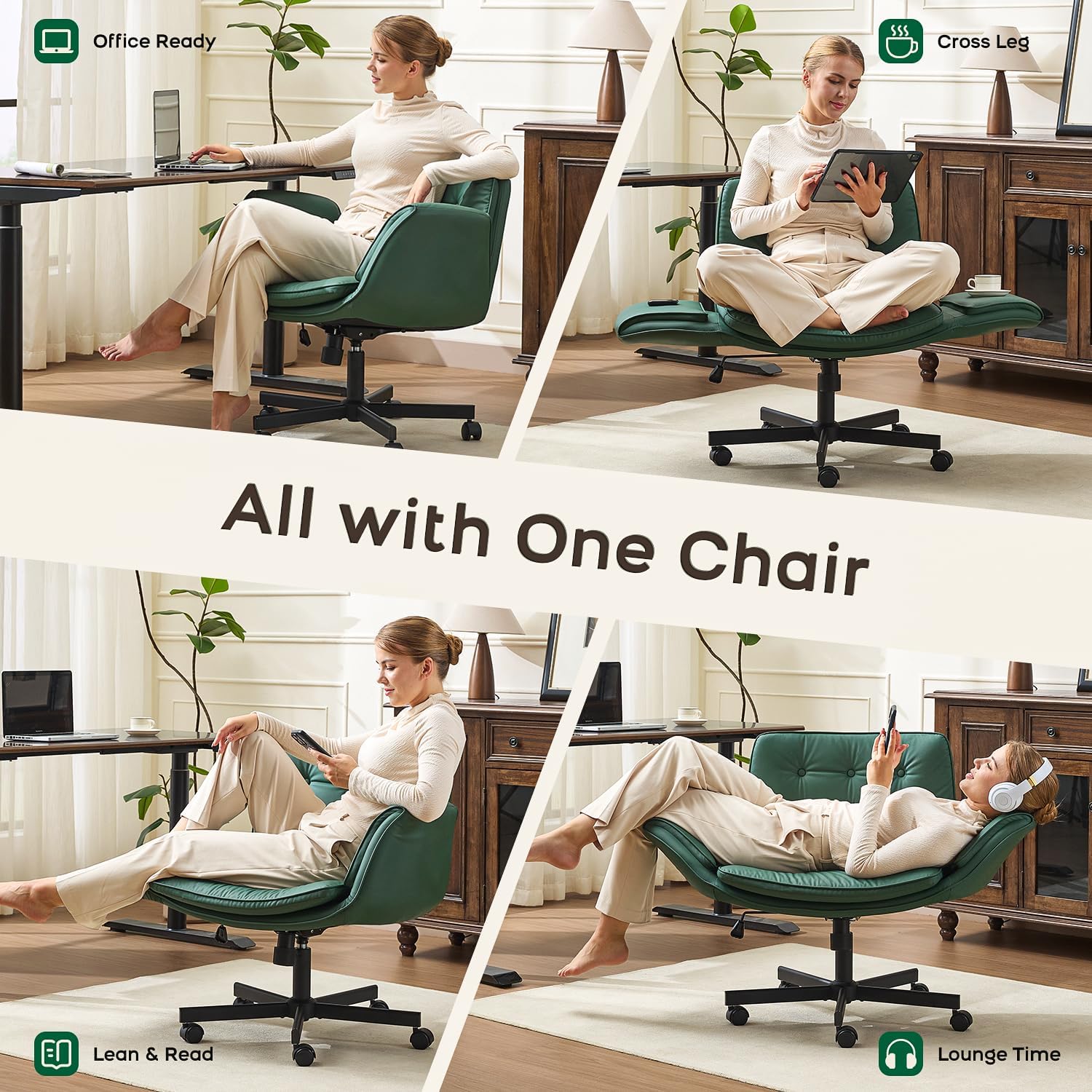 amseatec Criss Cross Office Chair, PU Leather Vanity Chair with 5-Level Adjustable Armrests & Swivel, Ergonomic Criss Cross Chair for Home Office Bedroom Makeup（Green）