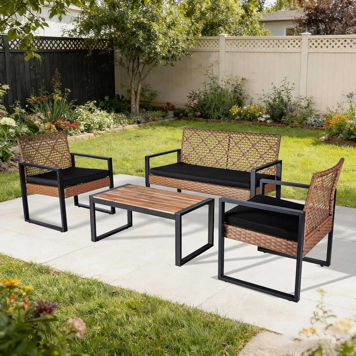 COOS BAY Haven Lounge 4 Piece Rattan Patio Furniture Set, Outdoor Wicker Patio Conversation Set for Balcony & Backyard, Light Brown/Black