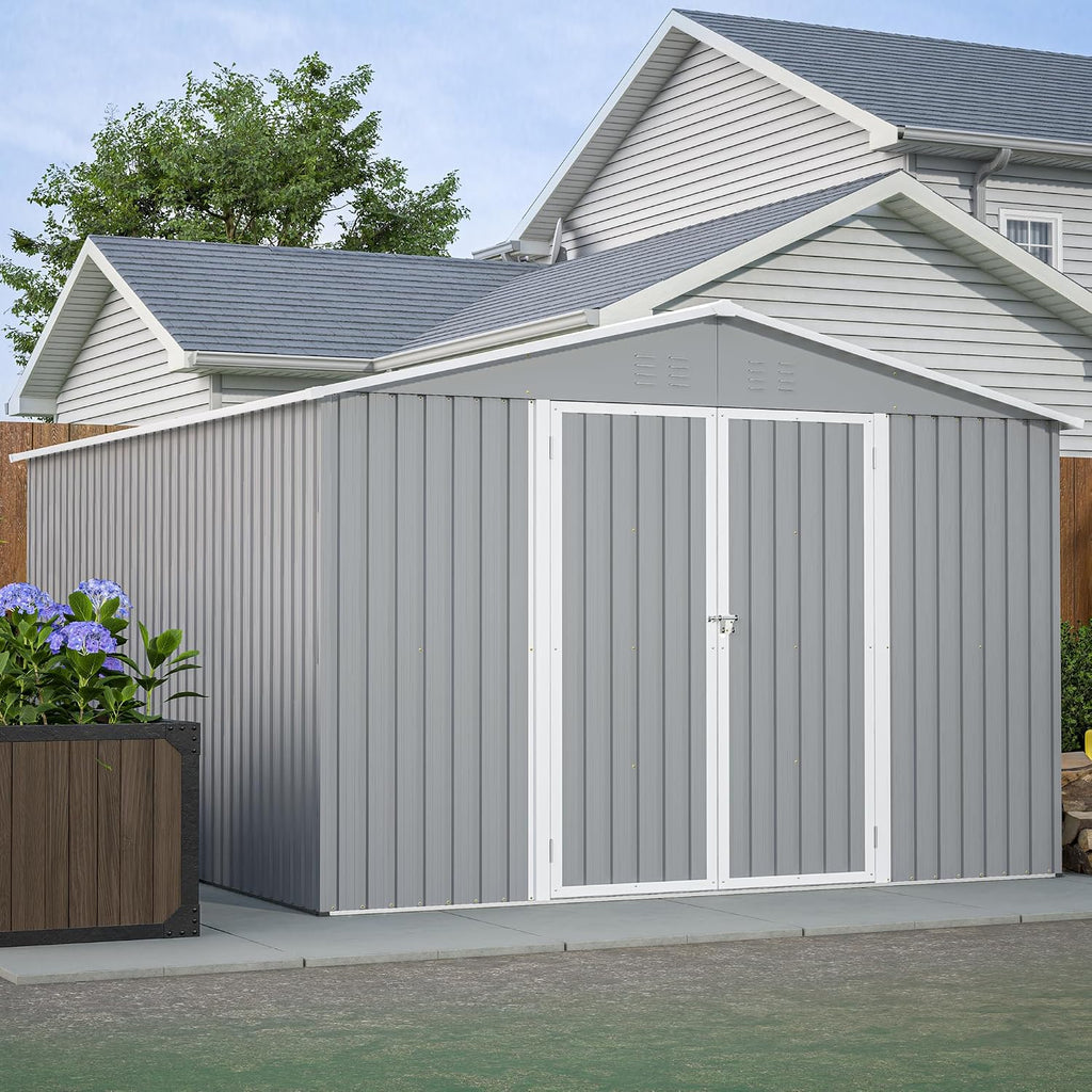 YOPTO 10x12 FT Outdoor Storage Shed with Floor Frame Kit,Metal Shed W/Double Lockable Doors,Garden Tool Storage House W/ 4 Air Vents & Sloped Roof,for Backyard,Patio,Lawn,Gray