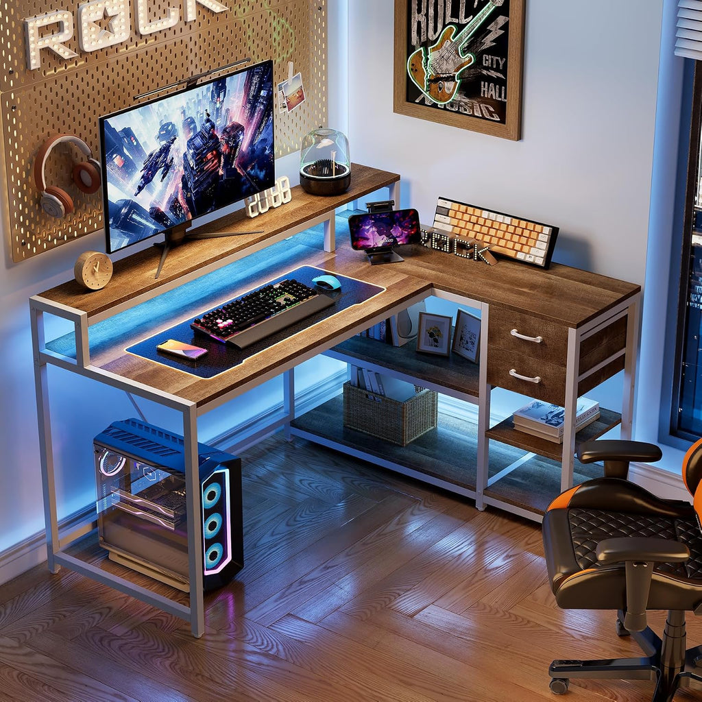 LITTLE TREE 55-Inch L-Shaped Computer Desk, Reversible Computer Desk with Drawers and Storage Shelves, Corner Desk Gaming Desk Work Desk for Home Office, Walnut